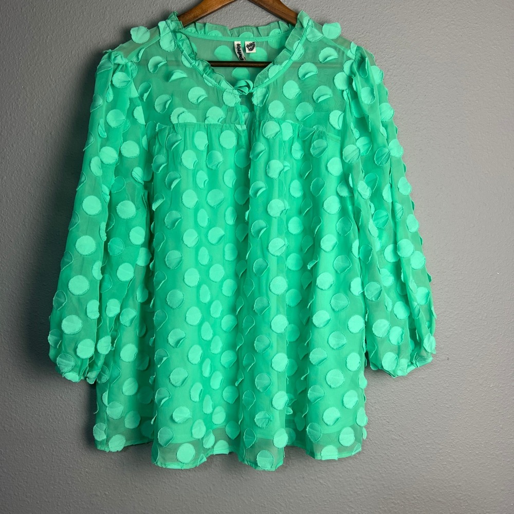 Cato Raised Polka Dot Textured Chiffon Top Sheer Romantic Whimsical Green 18/20W